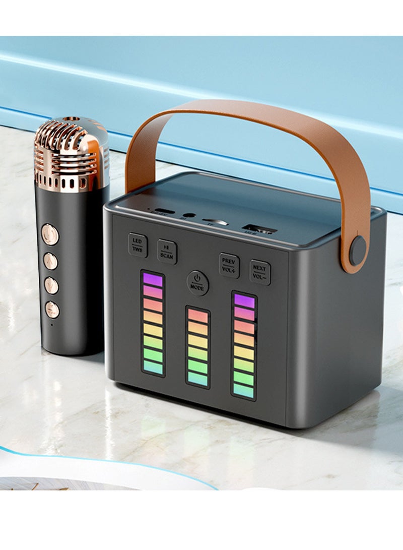 Karaoke Machine Portable Bluetooth Speaker System With 1 Wireless Microphones Home Family Singing Speaker Black -Coloured