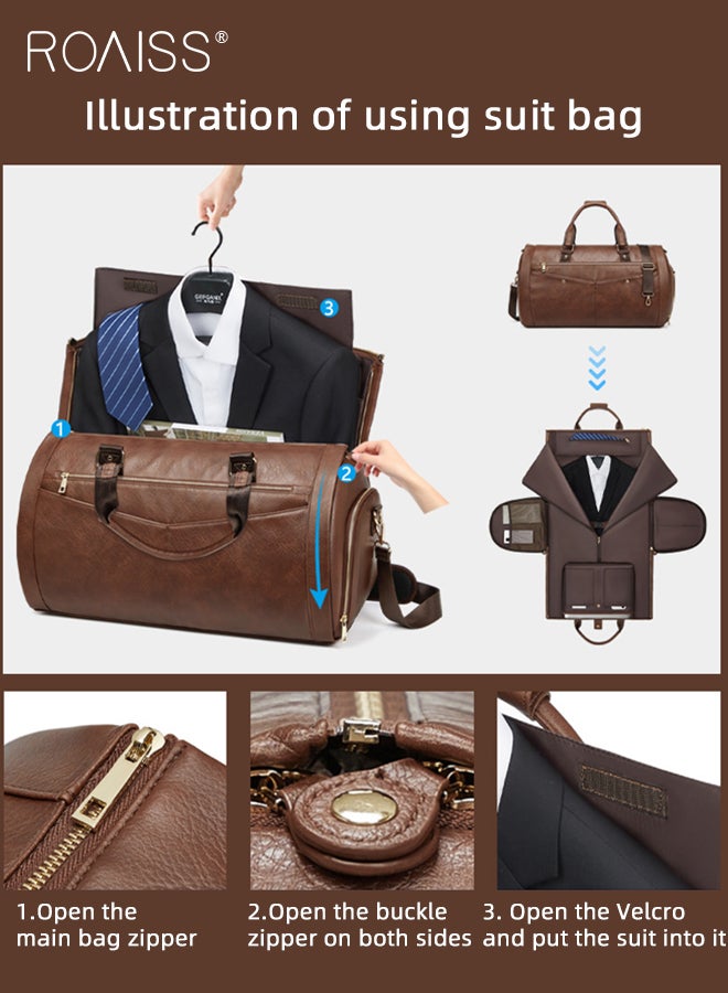 Business Multifunctional Travel Bag for Man PU Leather Large Capacity Expandable Suit Bag Mans Multi Compartment Design Foldable Waterproof Luggage Bag with Independent Shoe Compartment