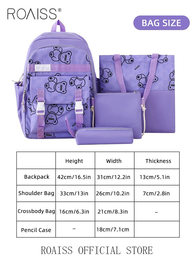 4 Piece Casual Backpack Set for Students Including Backpack Handbag Pen Case and Coin Bag Simple Cute Large Capacity Practical Canvas Backpack Combination for Kids with Exquisite Print