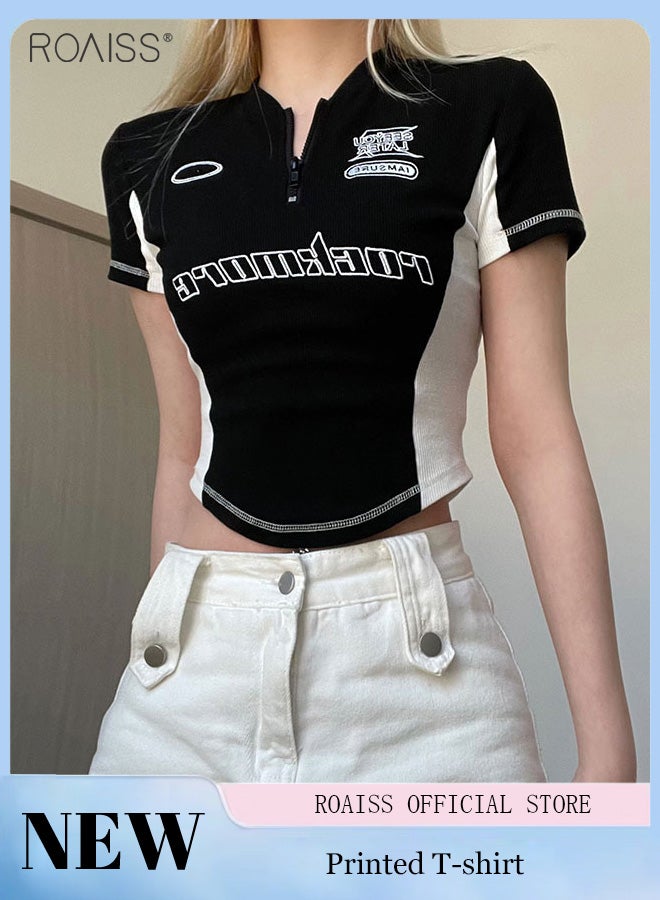 Fashion Printed T-Shirt Women'S Daily Commuting Motorcycle Style Embroidered Cropped Top Irregular Hem Pullover