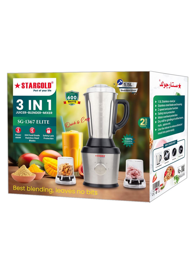 Juicer Blender Mixer 3 in 1 Stainless Steel Jug 1.5L And 600W