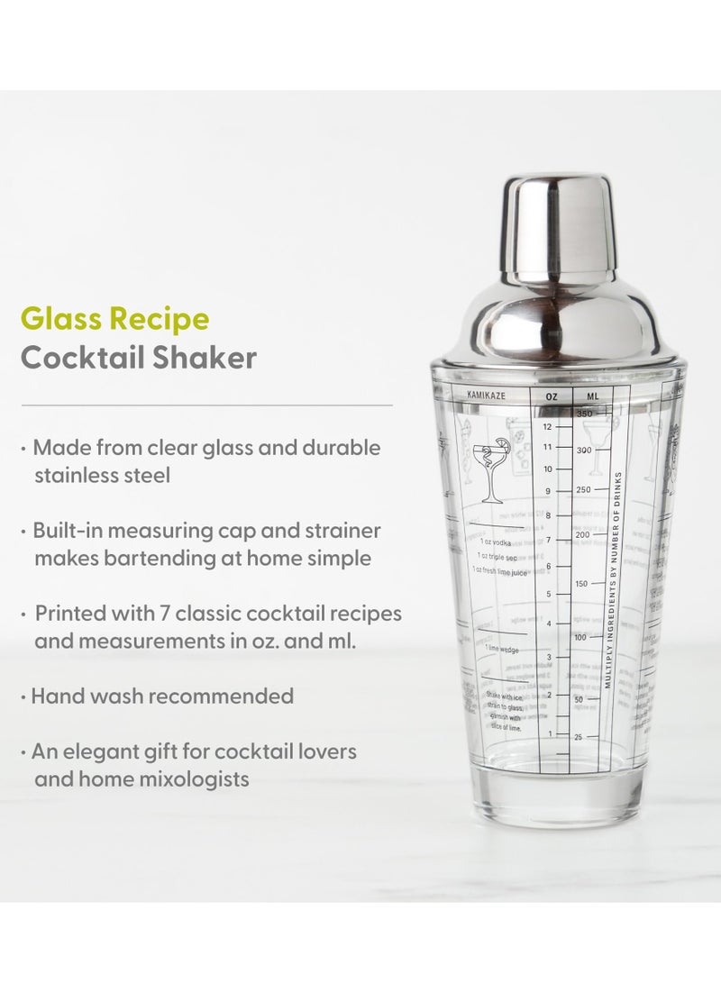 Glass Cocktail Shaker with Recipes, 400ml, 18/8 Stainless Steel Martini Shaker with Strainer, Leak-Proof Lid, Premium Drink Mixer for Beverage Home Bar