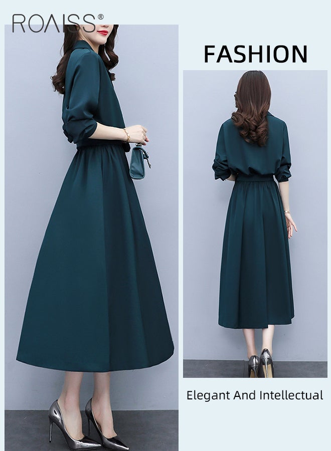 French Lapel Shirt Dresses for Women with Pocket Design Premium Solid Color Long Sleeve Buttoned Vertical Hem High Waist Dress Ladies Simple Elegant Temperament Wedding Guest Costumes