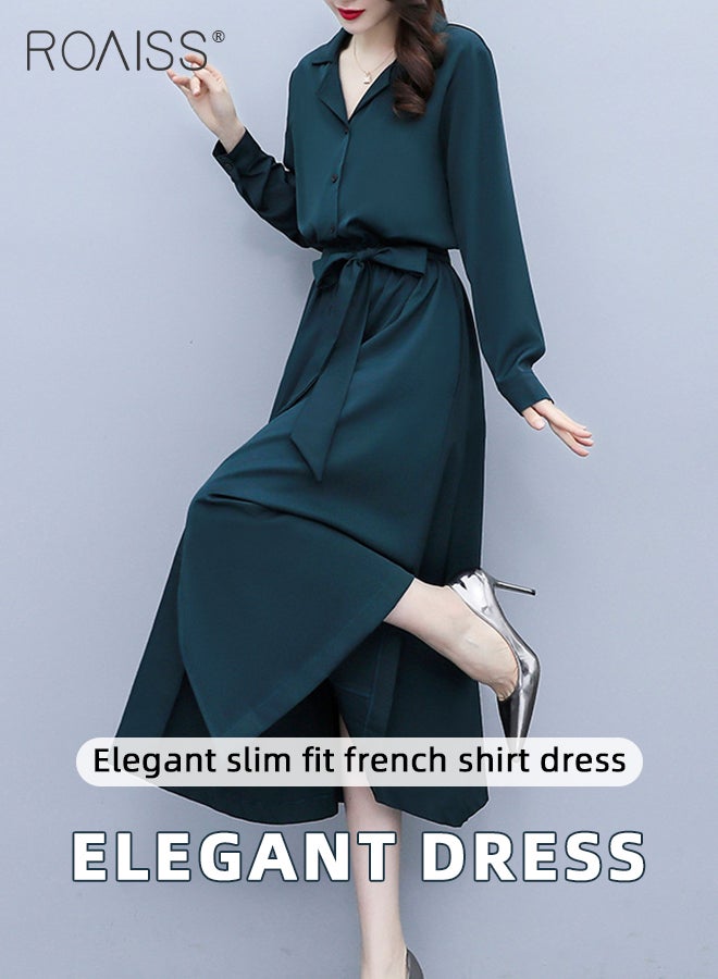 French Lapel Shirt Dresses for Women with Pocket Design Premium Solid Color Long Sleeve Buttoned Vertical Hem High Waist Dress Ladies Simple Elegant Temperament Wedding Guest Costumes