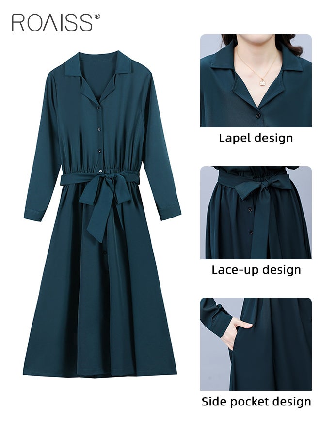 French Lapel Shirt Dresses for Women with Pocket Design Premium Solid Color Long Sleeve Buttoned Vertical Hem High Waist Dress Ladies Simple Elegant Temperament Wedding Guest Costumes