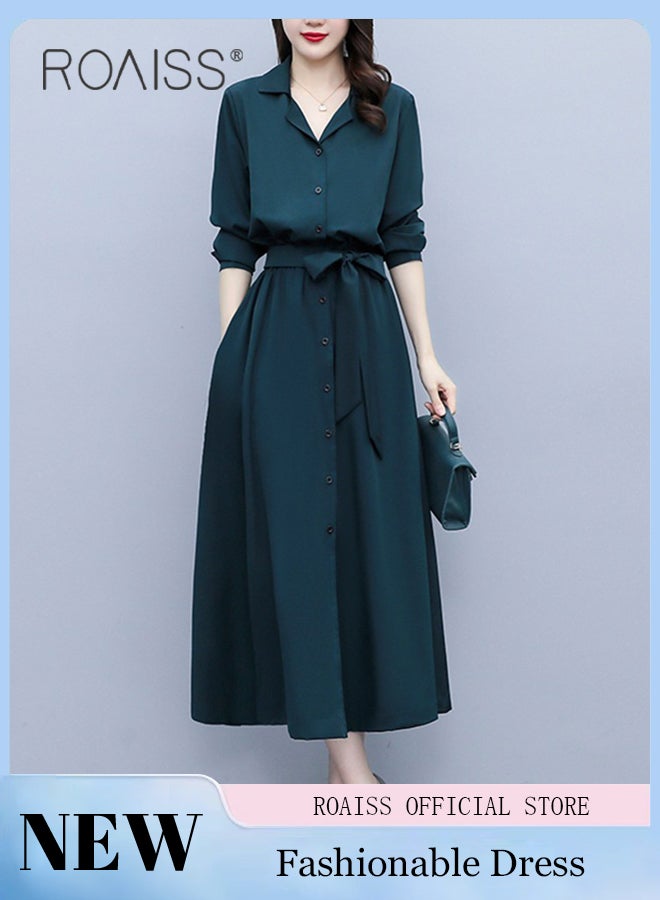 French Lapel Shirt Dresses for Women with Pocket Design Premium Solid Color Long Sleeve Buttoned Vertical Hem High Waist Dress Ladies Simple Elegant Temperament Wedding Guest Costumes