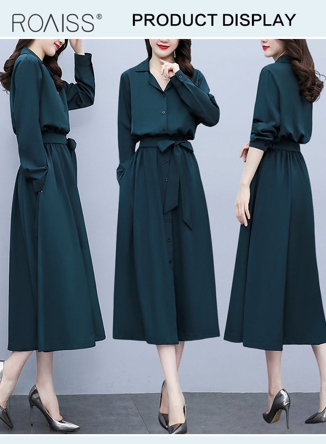 French Lapel Shirt Dresses for Women with Pocket Design Premium Solid Color Long Sleeve Buttoned Vertical Hem High Waist Dress Ladies Simple Elegant Temperament Wedding Guest Costumes
