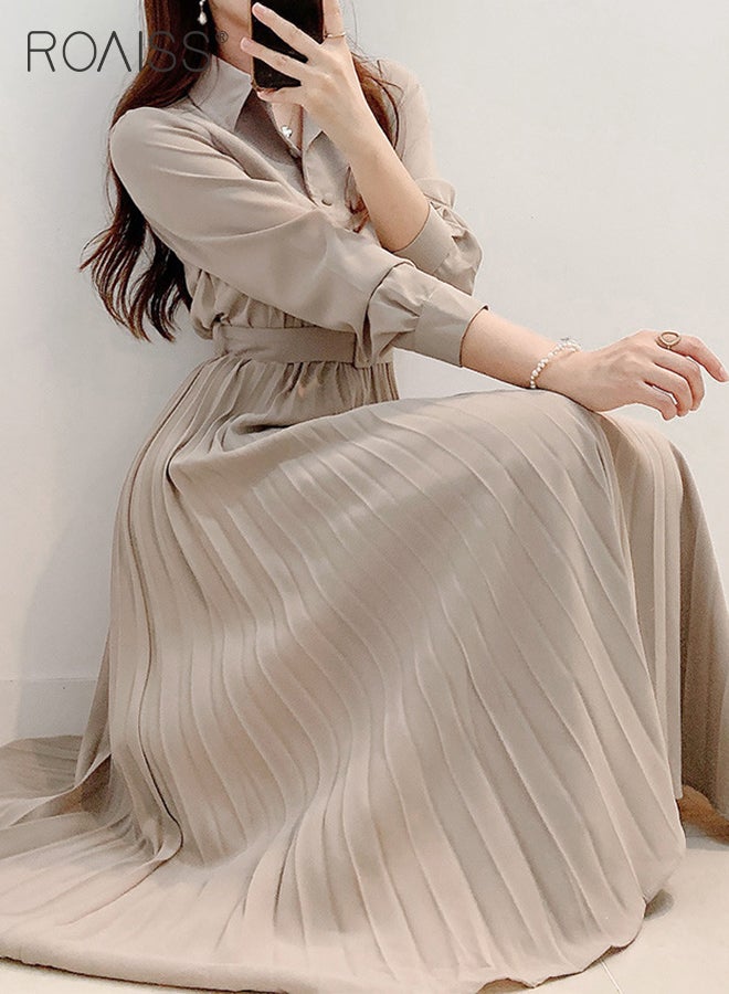 Elegant Lapel Shirt Dresses for Women French Solid Color Long Sleeve Buttoned Pleated Hem High Waist Dress Ladies Simple Premium Temperament Wedding Guest Costumes with Belt
