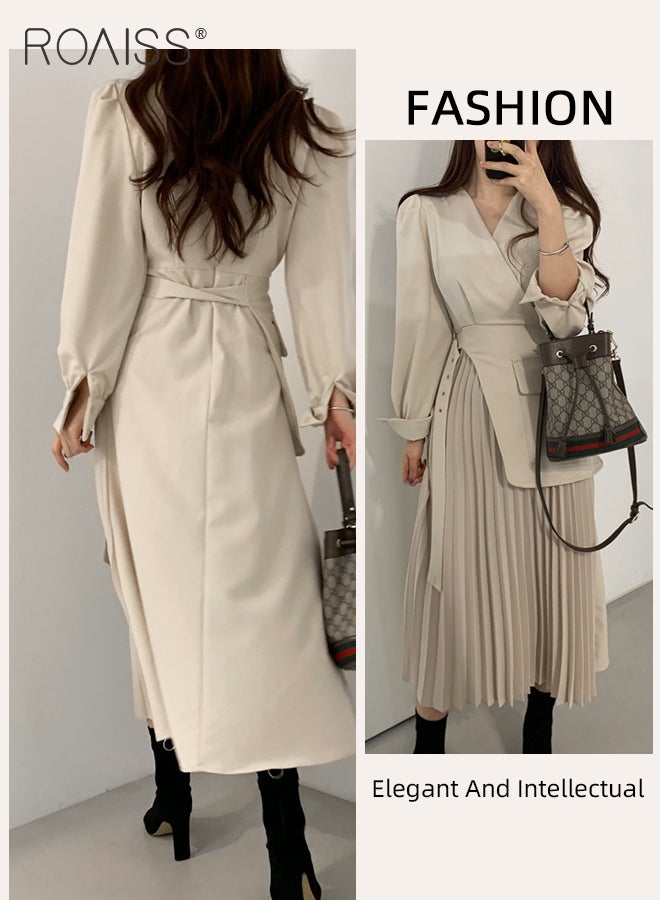 Exquisite V-Neck Dresses for Women with Puff Sleeve Design French Solid Color Long Sleeve Buttoned Pleated Hem High Waist Dress Ladies Elegant Premium Temperament Wedding Guest Costumes