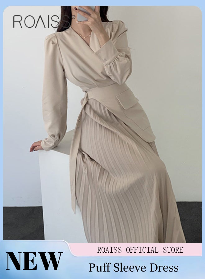 Exquisite V-Neck Dresses for Women with Puff Sleeve Design French Solid Color Long Sleeve Buttoned Pleated Hem High Waist Dress Ladies Elegant Premium Temperament Wedding Guest Costumes