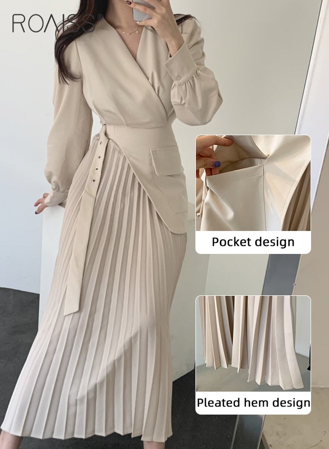 Exquisite V-Neck Dresses for Women with Puff Sleeve Design French Solid Color Long Sleeve Buttoned Pleated Hem High Waist Dress Ladies Elegant Premium Temperament Wedding Guest Costumes