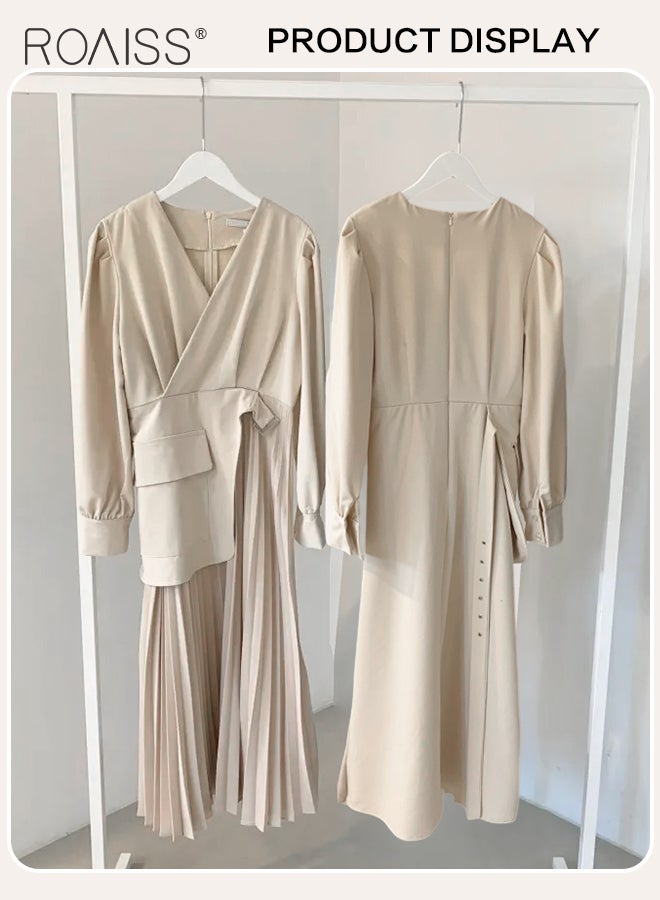 Exquisite V-Neck Dresses for Women with Puff Sleeve Design French Solid Color Long Sleeve Buttoned Pleated Hem High Waist Dress Ladies Elegant Premium Temperament Wedding Guest Costumes