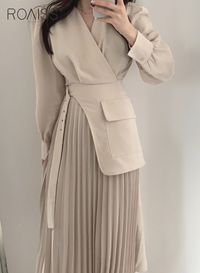 Exquisite V-Neck Dresses for Women with Puff Sleeve Design French Solid Color Long Sleeve Buttoned Pleated Hem High Waist Dress Ladies Elegant Premium Temperament Wedding Guest Costumes