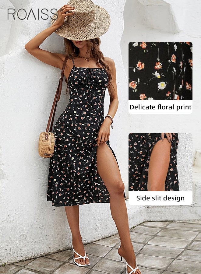 Floral Print Spaghetti Dress for Women Comfy Breathable Elegant Backless and Sleeveless Cami Dress Ladies Skin Friendly Square Neckline Split Hem Soft Midi  High-Rise Skirt  for Ladies Elegant Temperament Casual Outfit