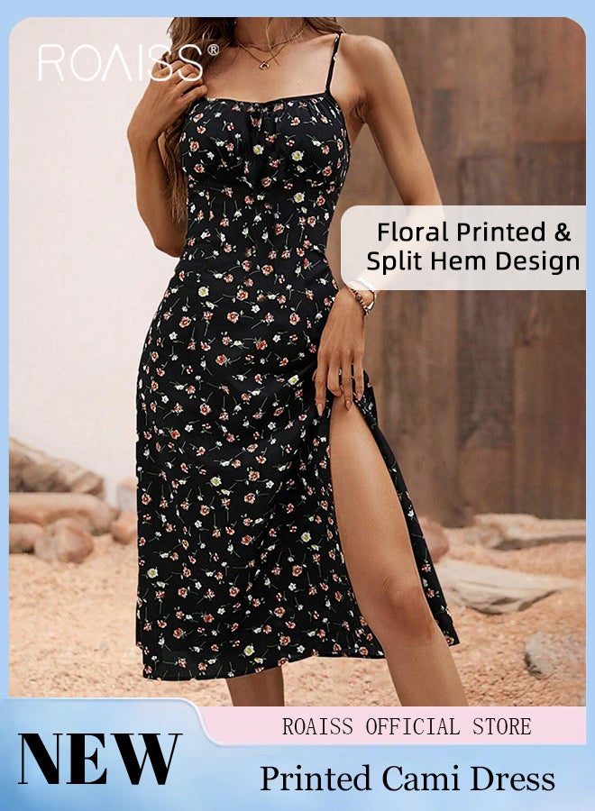 Floral Print Spaghetti Dress for Women Comfy Breathable Elegant Backless and Sleeveless Cami Dress Ladies Skin Friendly Square Neckline Split Hem Soft Midi  High-Rise Skirt  for Ladies Elegant Temperament Casual Outfit