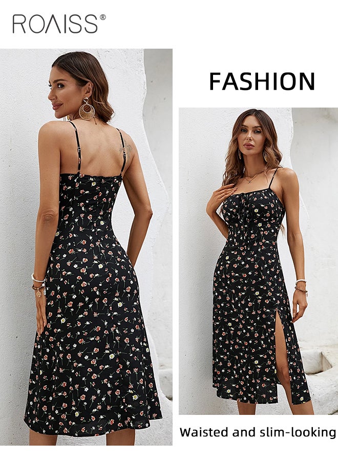 Floral Print Spaghetti Dress for Women Comfy Breathable Elegant Backless and Sleeveless Cami Dress Ladies Skin Friendly Square Neckline Split Hem Soft Midi  High-Rise Skirt  for Ladies Elegant Temperament Casual Outfit