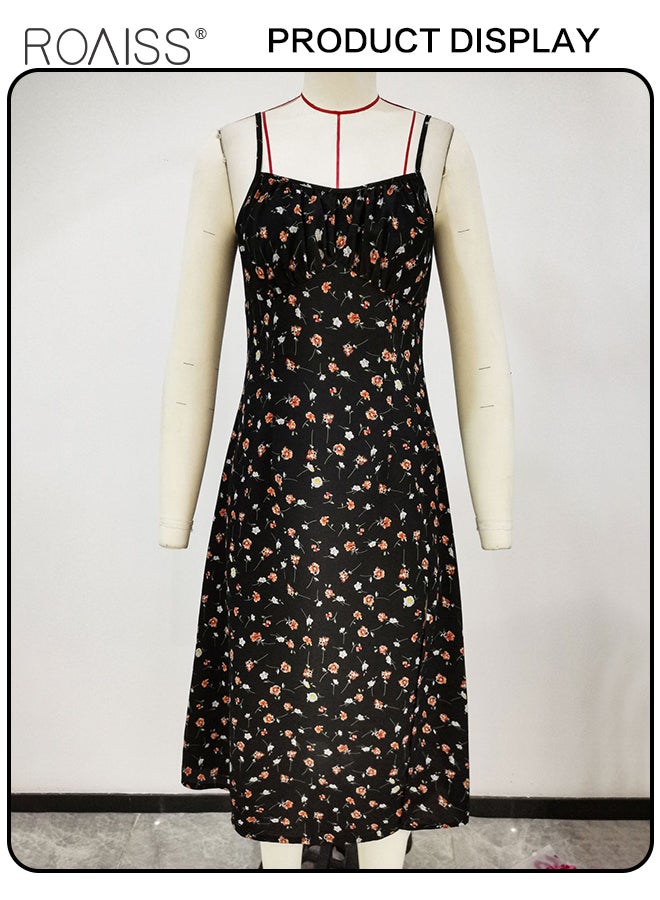 Floral Print Spaghetti Dress for Women Comfy Breathable Elegant Backless and Sleeveless Cami Dress Ladies Skin Friendly Square Neckline Split Hem Soft Midi  High-Rise Skirt  for Ladies Elegant Temperament Casual Outfit