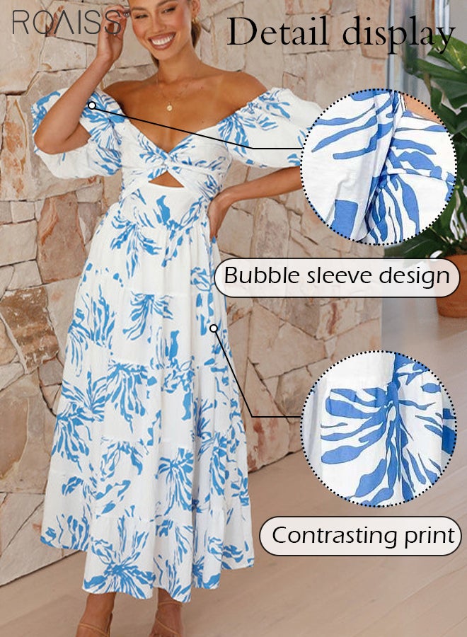 Fashionable Printed Puff Sleeve Dress Women'S Daily Commuting Vacation V-Neck Large Skirt Dress