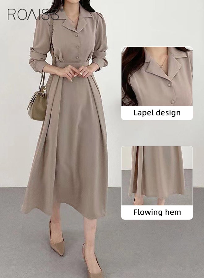 Premium Lapel Shirt Dresses for Women with Puff Sleeve Design French Solid Color Long Sleeve Buttoned Vertical Hem High Waist Dress Ladies Simple Elegant Temperament Wedding Guest Costumes