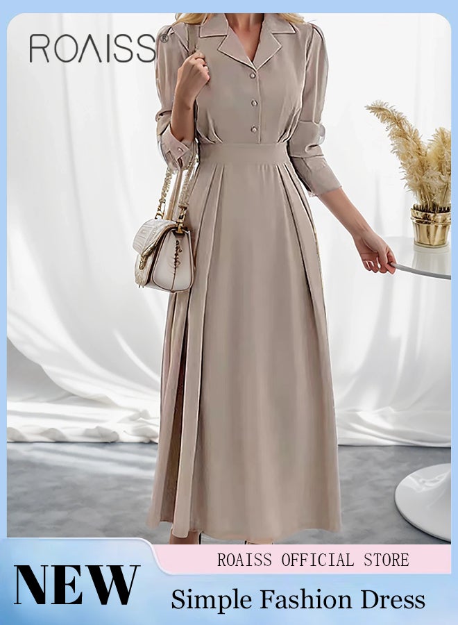 Premium Lapel Shirt Dresses for Women with Puff Sleeve Design French Solid Color Long Sleeve Buttoned Vertical Hem High Waist Dress Ladies Simple Elegant Temperament Wedding Guest Costumes