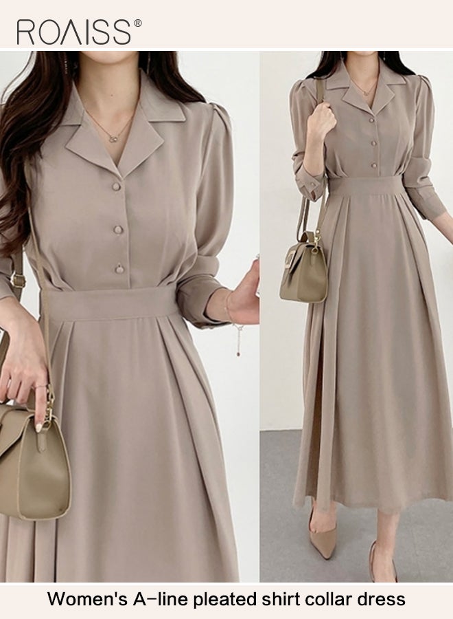 Premium Lapel Shirt Dresses for Women with Puff Sleeve Design French Solid Color Long Sleeve Buttoned Vertical Hem High Waist Dress Ladies Simple Elegant Temperament Wedding Guest Costumes