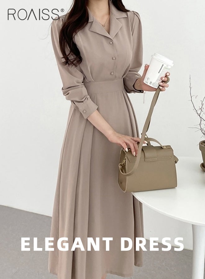 Premium Lapel Shirt Dresses for Women with Puff Sleeve Design French Solid Color Long Sleeve Buttoned Vertical Hem High Waist Dress Ladies Simple Elegant Temperament Wedding Guest Costumes