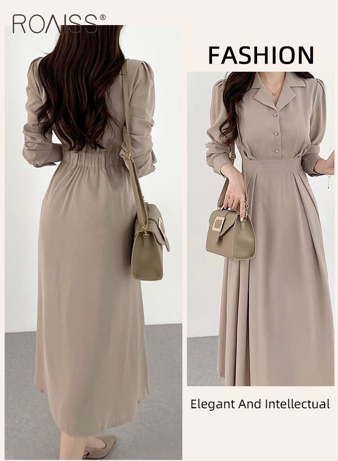 Premium Lapel Shirt Dresses for Women with Puff Sleeve Design French Solid Color Long Sleeve Buttoned Vertical Hem High Waist Dress Ladies Simple Elegant Temperament Wedding Guest Costumes
