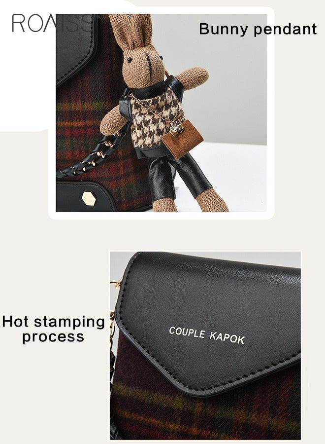 Stitched Plaid Small Square Bag Women'S Fashion Versatile Crossbody Bag Pu Leather Plaid Woolen Spliced Adjustable Shoulder Strap Shoulder Bag