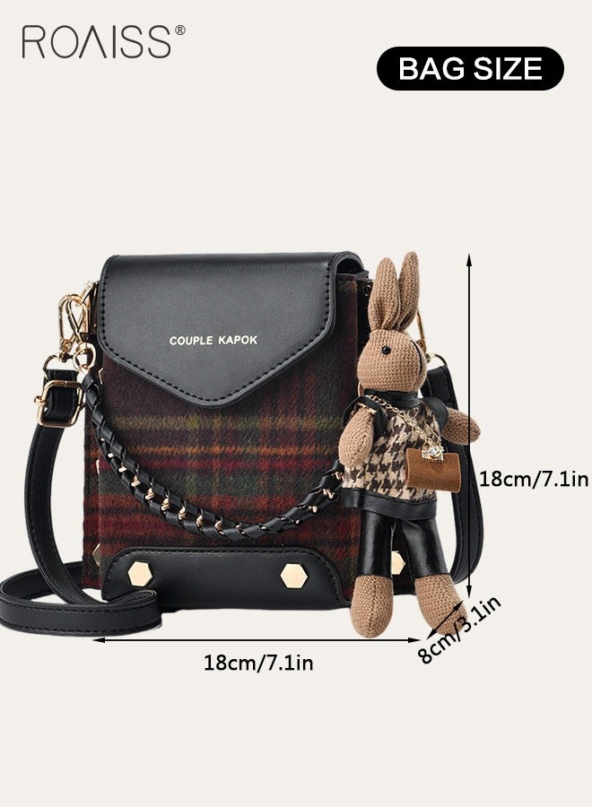 Stitched Plaid Small Square Bag Women'S Fashion Versatile Crossbody Bag Pu Leather Plaid Woolen Spliced Adjustable Shoulder Strap Shoulder Bag