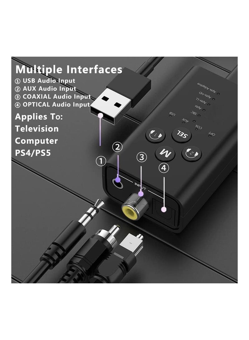 Audio Converter, Bluetooth 5.2 Transmitter for TV, APT X Low Latency Multiple Interfaces Wireless Audio Adapter, for Two Headphones (AUX/RCA/Optical/Coaxial Audio Inputs), Plug and Play