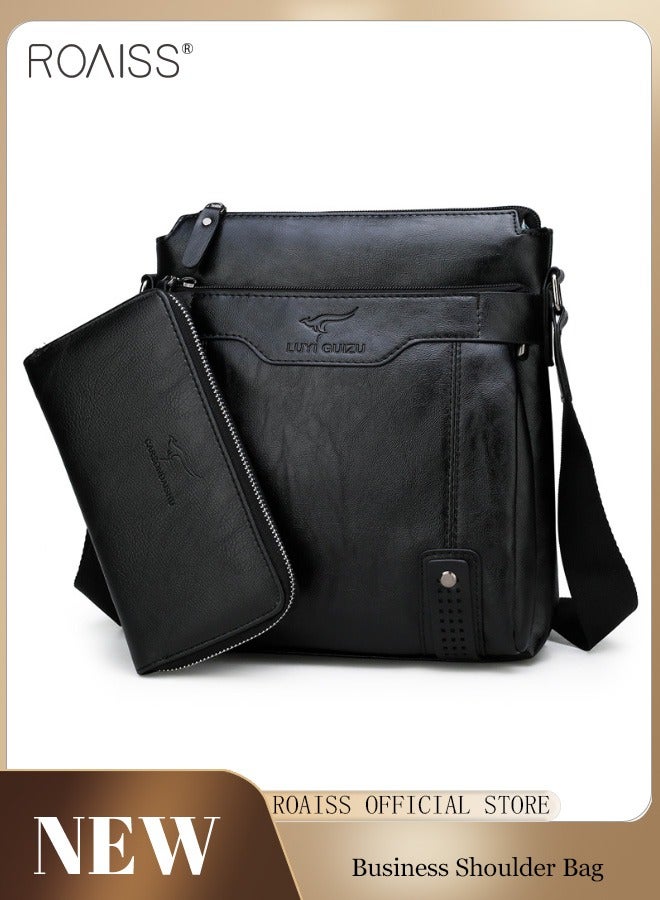 2-Piece Men's Business Leather Shoulder Bag Same Color Zipper Closure Wallet Combination Adjustable Shoulder Strap Crossbody Bag