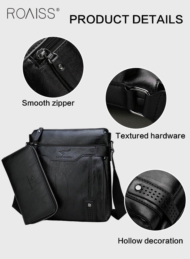 2-Piece Men's Business Leather Shoulder Bag Same Color Zipper Closure Wallet Combination Adjustable Shoulder Strap Crossbody Bag