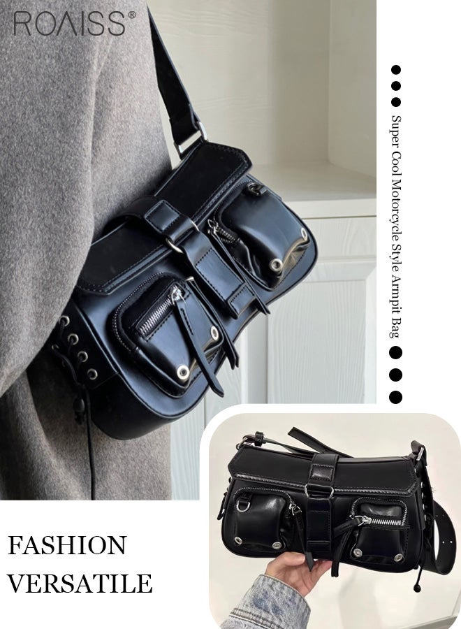 Handsome Pu Leather Armpit Bag For Women Versatile Daily Commuting Handbag Motorcycle Style Hot Girl Mini Bag