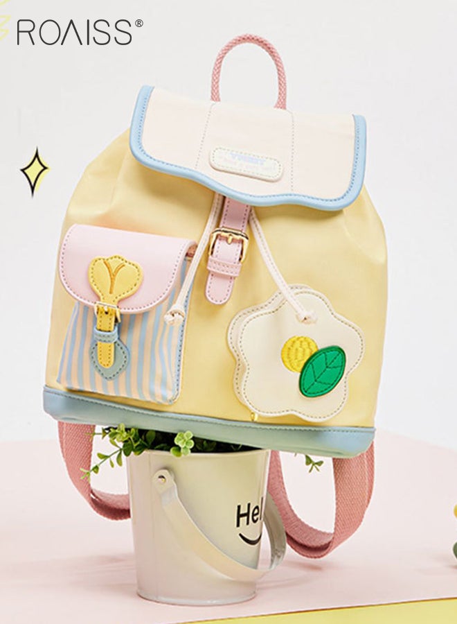 Cute Stylish Colorblock Backpack for Women Nylon Material Decorated Small Pocket Design Kids Schoolbag with Convenient Magnetic Buckle Girls Ultralight Student Bag with Internal Zip Pocket