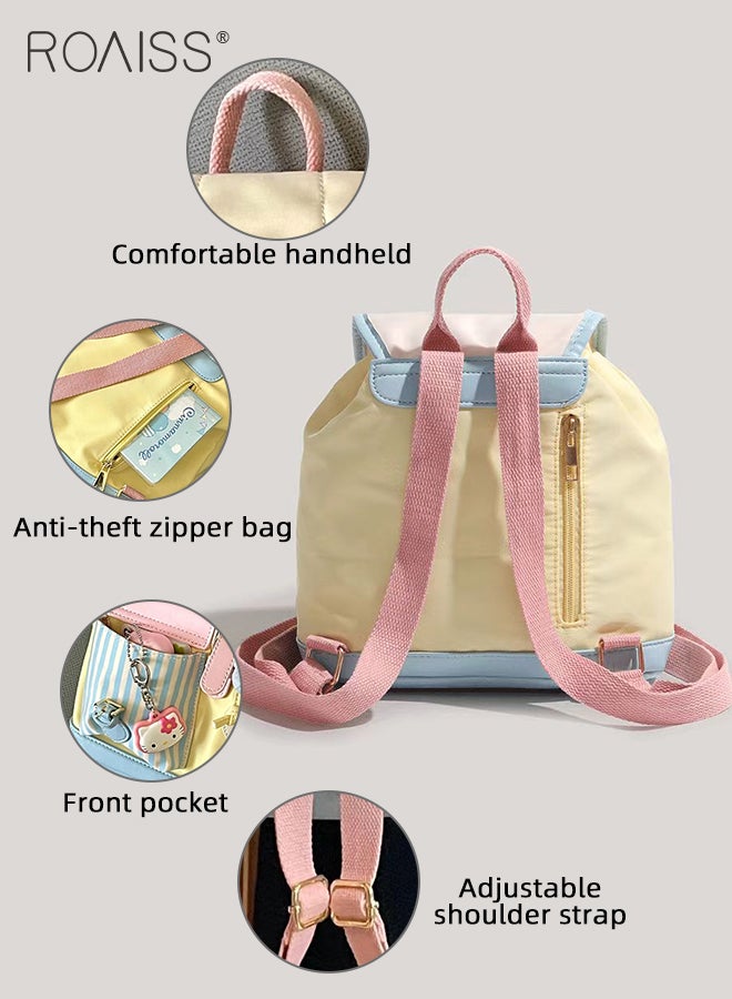 Cute Stylish Colorblock Backpack for Women Nylon Material Decorated Small Pocket Design Kids Schoolbag with Convenient Magnetic Buckle Girls Ultralight Student Bag with Internal Zip Pocket