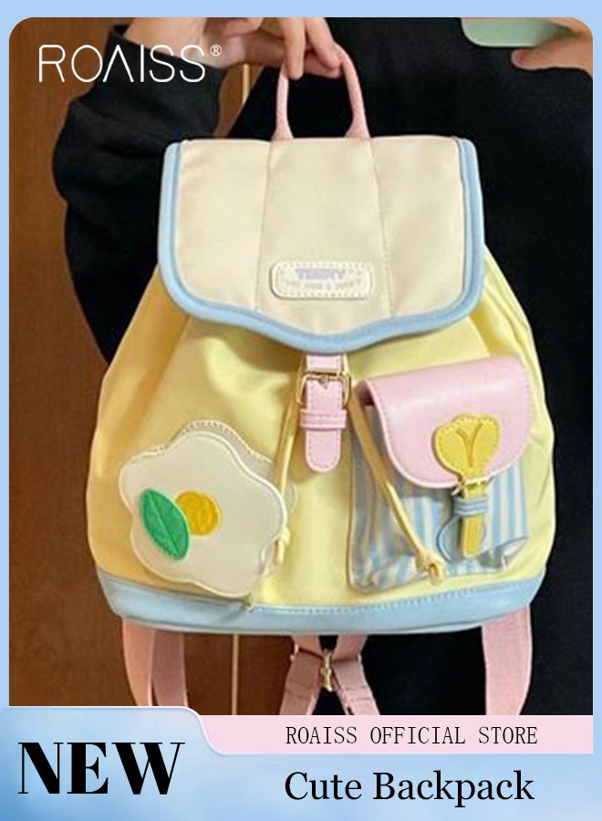 Cute Stylish Colorblock Backpack for Women Nylon Material Decorated Small Pocket Design Kids Schoolbag with Convenient Magnetic Buckle Girls Ultralight Student Bag with Internal Zip Pocket