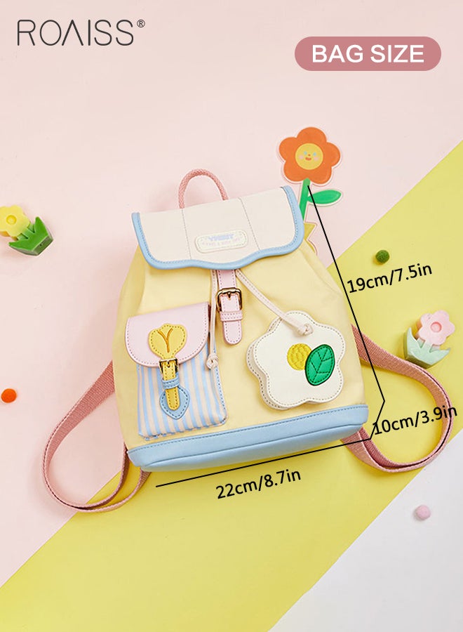 Cute Stylish Colorblock Backpack for Women Nylon Material Decorated Small Pocket Design Kids Schoolbag with Convenient Magnetic Buckle Girls Ultralight Student Bag with Internal Zip Pocket