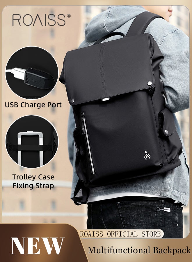 Casual Business Backpack for Men Oxford Fabric Large Capacity Outdoor Travel Bag with Trolley Case Fixing Strap and USB Charging Port Computer Compartment Design Waterproof Student Bag