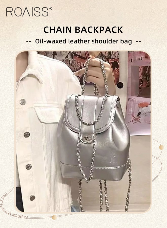 Oily Wax Leather Chain Backpack for Women PU Waterproof Wear Resistant Exquisite Sewing Thread Fashion Bag Ladies Stylish Versatile Decorative Package with Internal Patch Pocket