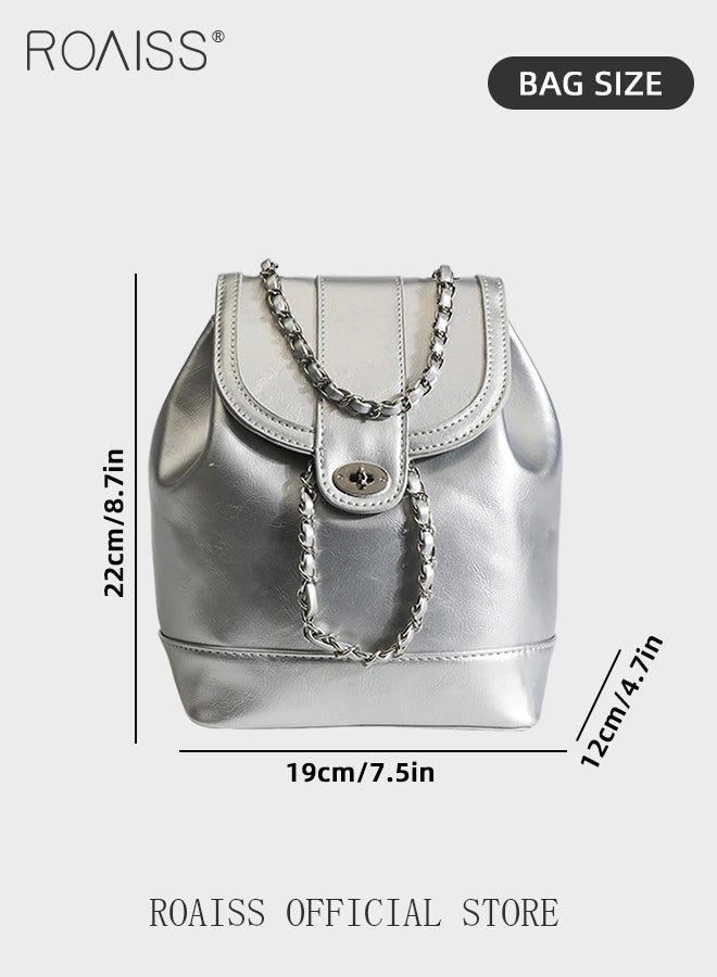 Oily Wax Leather Chain Backpack for Women PU Waterproof Wear Resistant Exquisite Sewing Thread Fashion Bag Ladies Stylish Versatile Decorative Package with Internal Patch Pocket