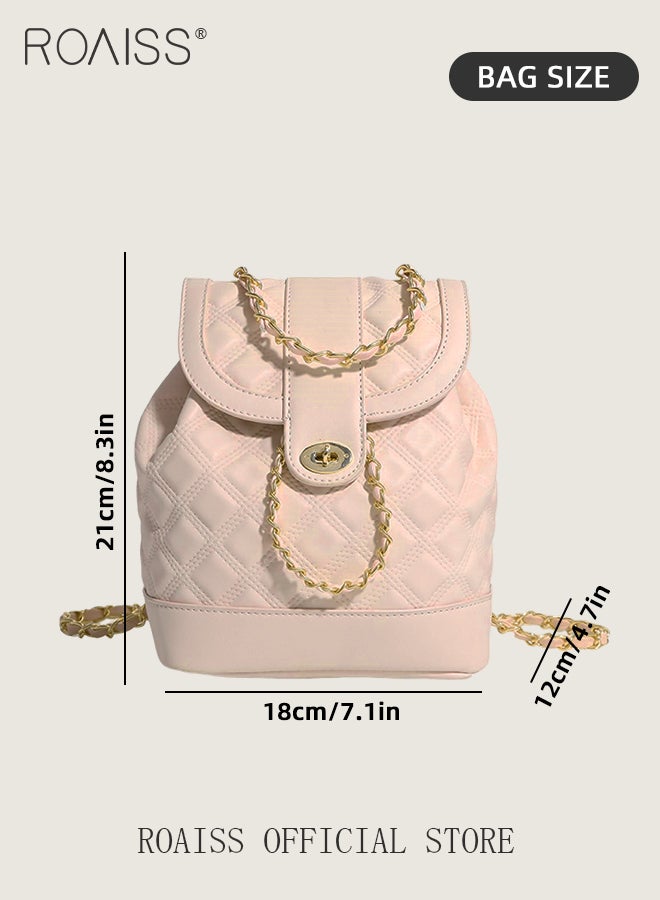 PU Leather Chain Backpack for Women Rhombus Lattice Waterproof Wear Resistant Exquisite Sewing Thread Fashion Bag Ladies Premium Versatile Decorative Package with Internal Patch Pocket