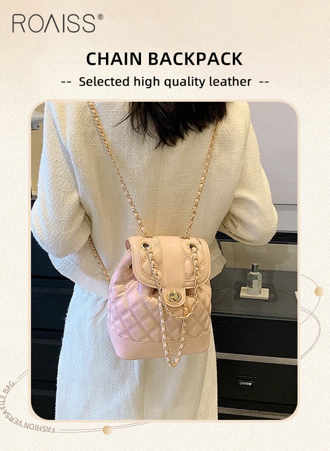 PU Leather Chain Backpack for Women Rhombus Lattice Waterproof Wear Resistant Exquisite Sewing Thread Fashion Bag Ladies Premium Versatile Decorative Package with Internal Patch Pocket