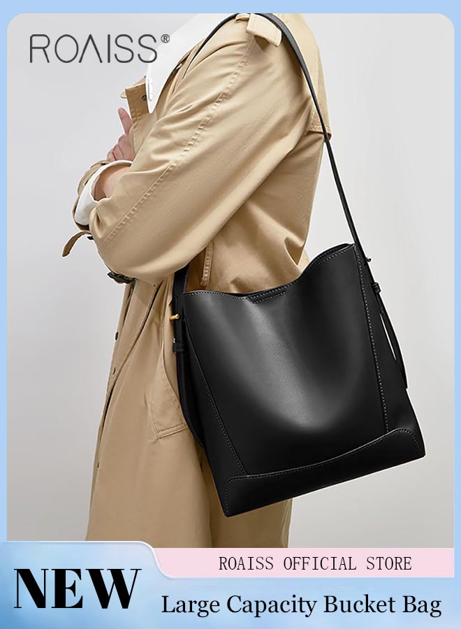 Large Capacity Bucket Bag for Women Premium Leather Exquisite Sewing Thread Shoulder Tote Bag Ladies Simple Stylish Crossbody Bag with Convenient Magnetic Buckle and Internal Patch Pocket