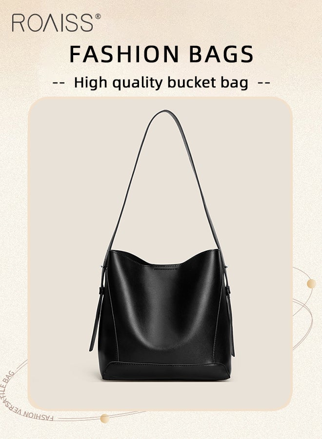 Large Capacity Bucket Bag for Women Premium Leather Exquisite Sewing Thread Shoulder Tote Bag Ladies Simple Stylish Crossbody Bag with Convenient Magnetic Buckle and Internal Patch Pocket