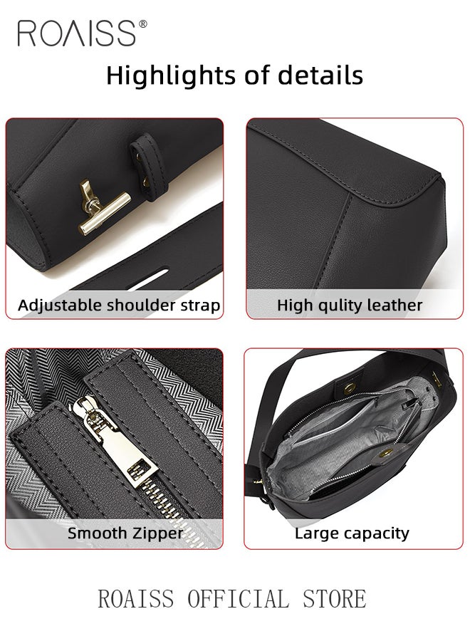 Large Capacity Bucket Bag for Women Premium Leather Exquisite Sewing Thread Shoulder Tote Bag Ladies Simple Stylish Crossbody Bag with Convenient Magnetic Buckle and Internal Patch Pocket