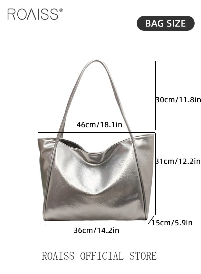 Large Capacity Tote Bag for Women PU Leather Exquisite Sewing Thread Shoulder Bag Ladies Simple Stylish Handbag with Hardware Suction Buckle and Internal Patch Pocket