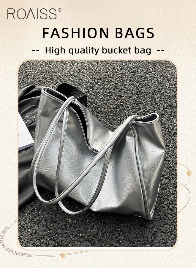 Large Capacity Tote Bag for Women PU Leather Exquisite Sewing Thread Shoulder Bag Ladies Simple Stylish Handbag with Hardware Suction Buckle and Internal Patch Pocket