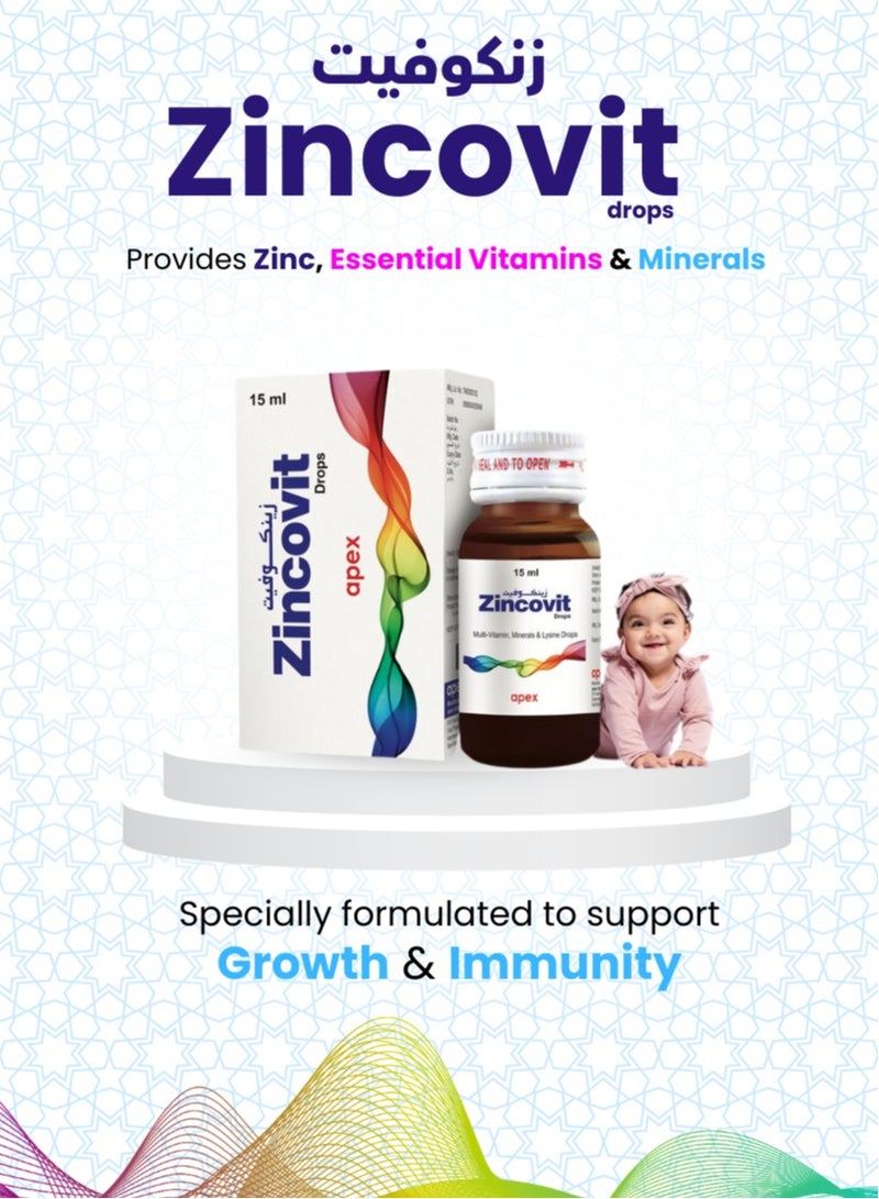 Zincovit Drops 15 ml - Multivitamin and Mineral Supplement for Infants with Essential Vitamins A, C, D, E & Lysine for Healthy Growth & Development