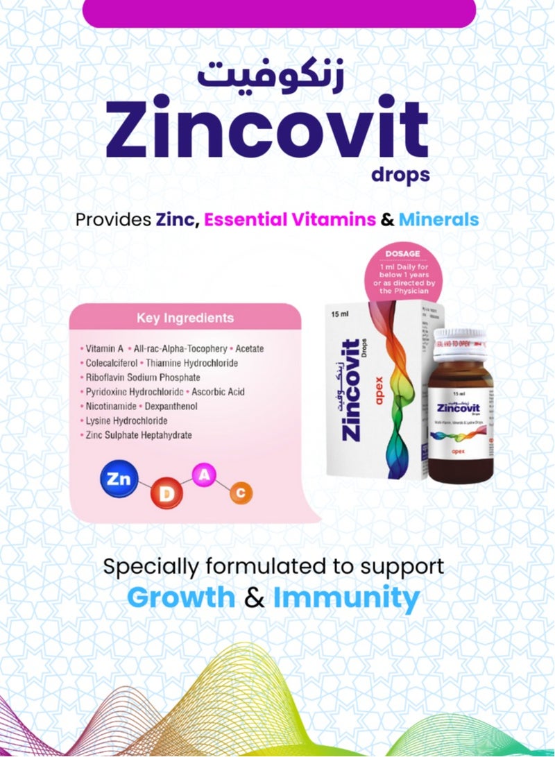 Zincovit Drops 15 ml - Multivitamin and Mineral Supplement for Infants with Essential Vitamins A, C, D, E & Lysine for Healthy Growth & Development