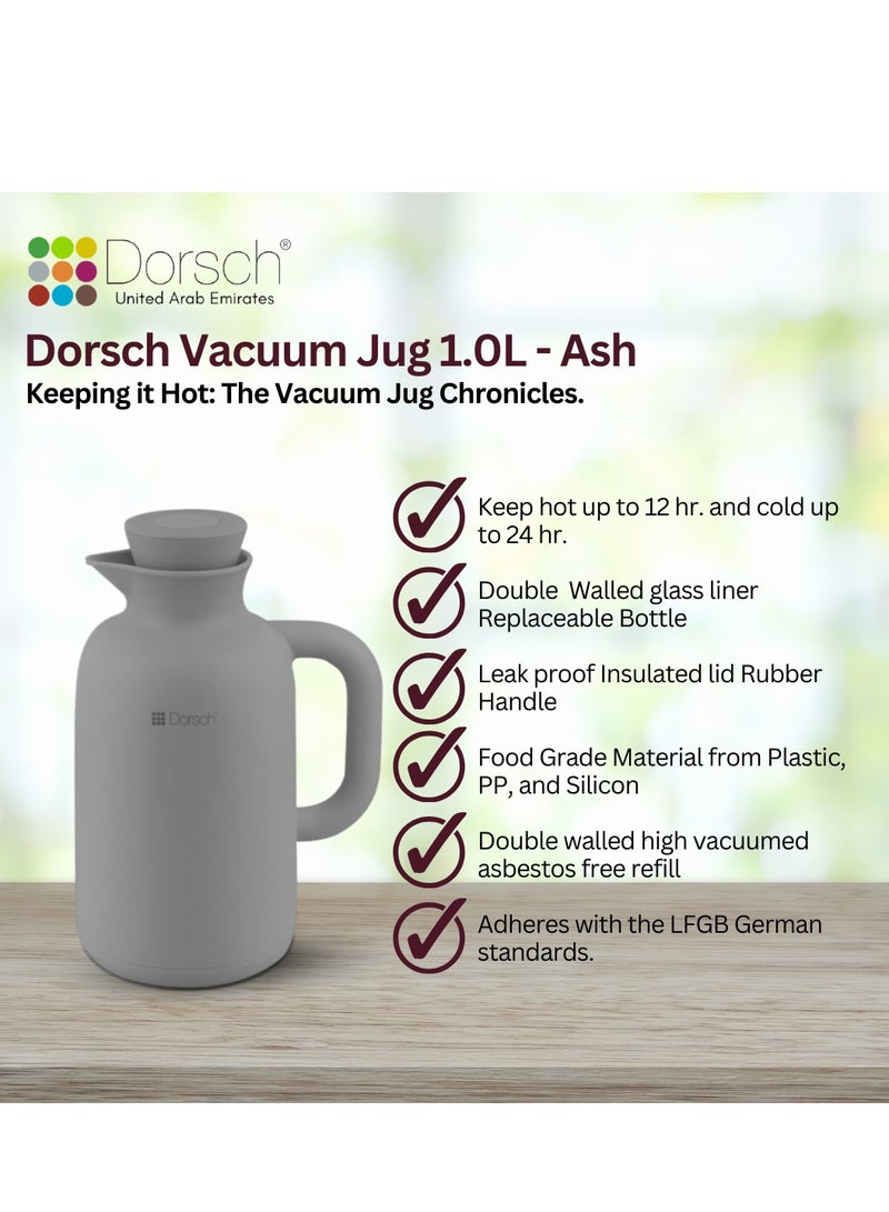 DorschHome Vacuum Jug - 1L Double-Walled Glass Liner, Insulated Rubber Handle, Leakproof Lid - Keeps Hot for 12 Hours, Cold for 24 Hours (Ash)